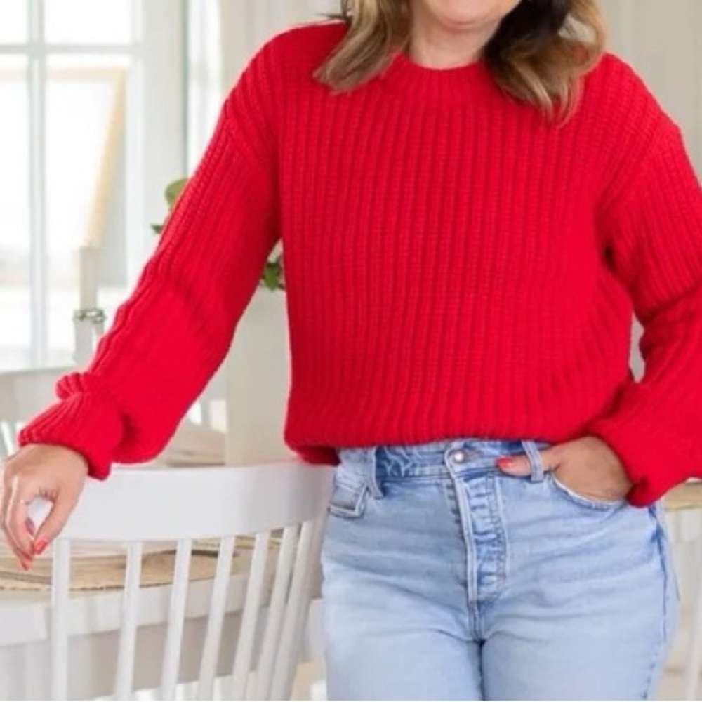Joe Fresh Red Ribbed Crewneck Sweater